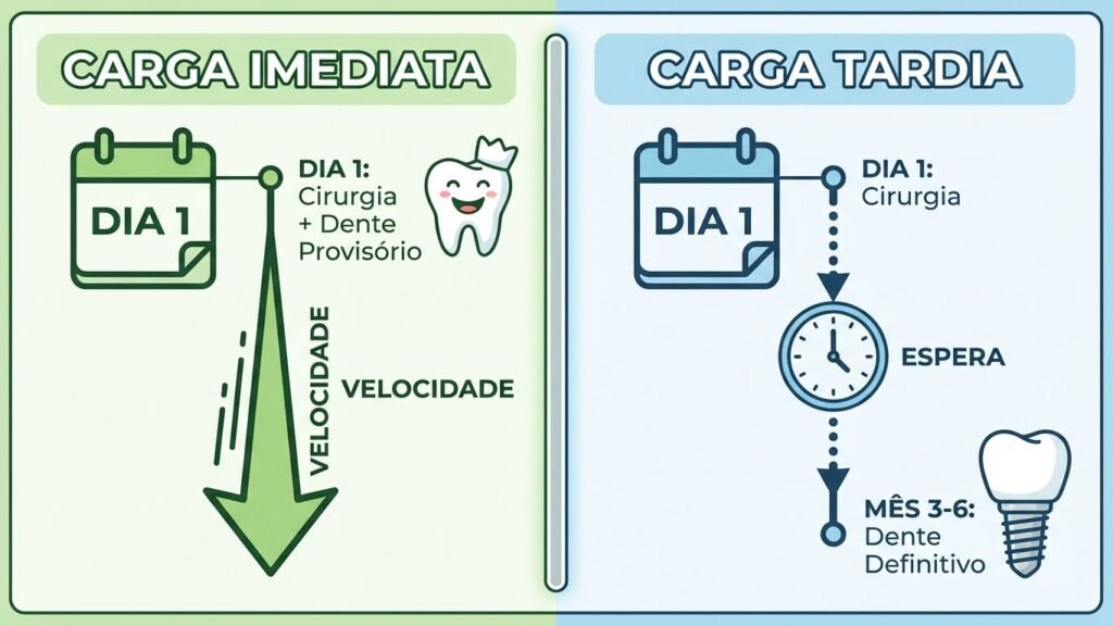 Comparação visual entre carga imediata (dente no mesmo dia) e carga tardia (espera de 3-6 meses) em implantes dentários