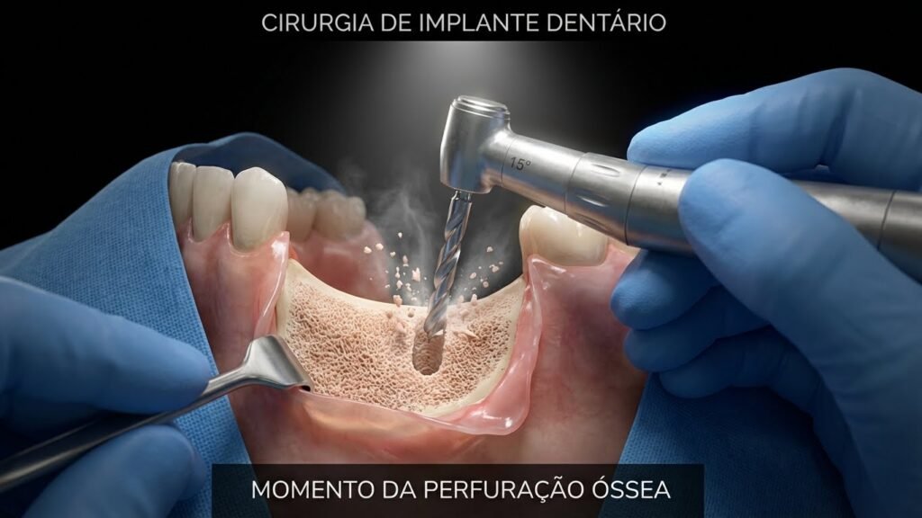 Renderização 3D hiper-realista de cirurgia de implante dentário: perfuração do osso com broca cirúrgica de alta precisão