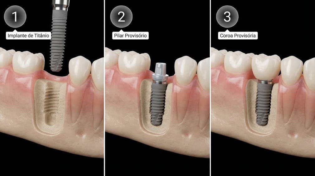 Sequência de instalação de implante dentário com carga imediata: implante de titânio e coroa provisória no mesmo dia