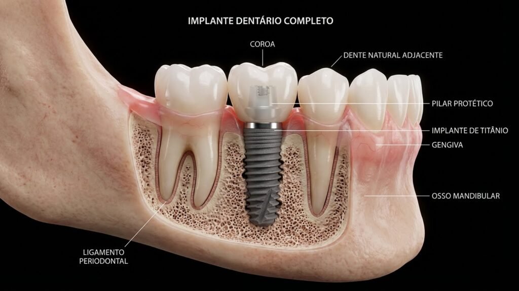 Renderização 3D hiper-realista de implante dentário completo: pino de titânio integrado ao osso, pilar e coroa protética