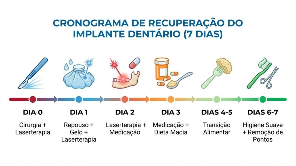Linha do Tempo - Recuperação Implante (7 Dias) Linha do tempo da recuperação do implante dentário: cuidados dia a dia nas primeiras 7 dias pós-operatório
