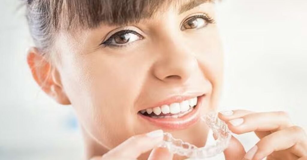 Mulher sorrindo segurando alinhador Invisalign transparente - Preço Invisalign São Paulo 2026