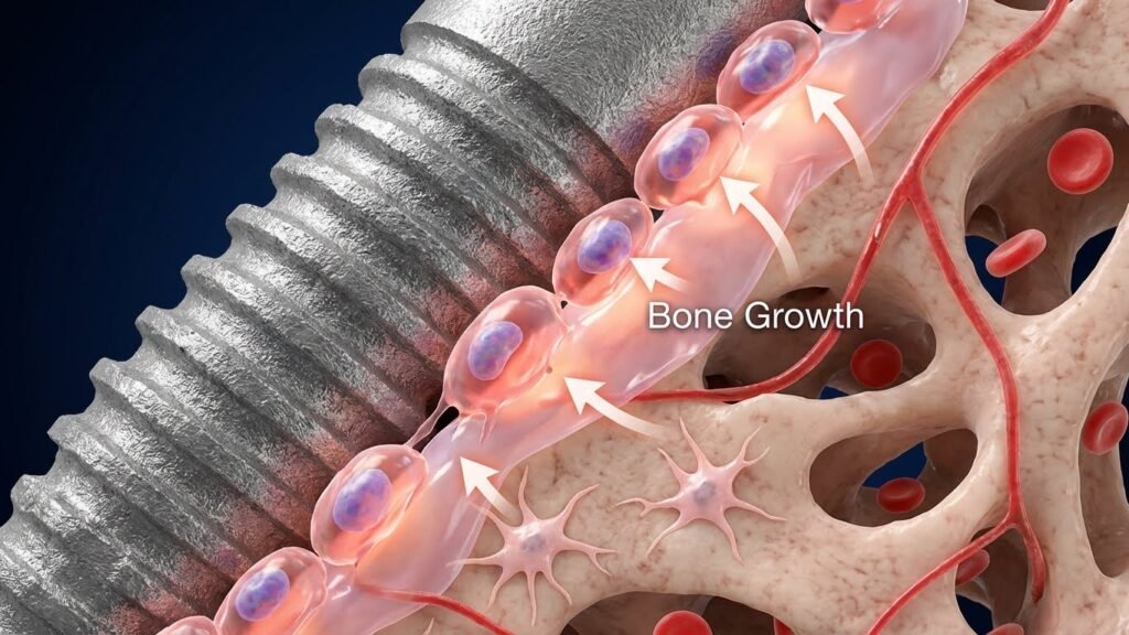 Ilustração 3D microscópica hiper-realista da osseointegração: células ósseas crescendo ao redor do implante de titânio