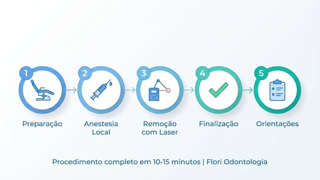Passo a Passo da Biópsia Bucal a Laser: Do Início ao Fim Infográfico mostrando passo a passo do procedimento de biópsia bucal a laser em 5 etapas