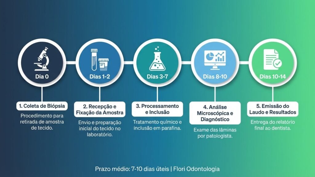 Quanto Tempo Demora o Resultado da Biópsia Bucal? Cronograma mostrando tempo de resultado de biópsia bucal desde coleta até laudo em 7-10 dias