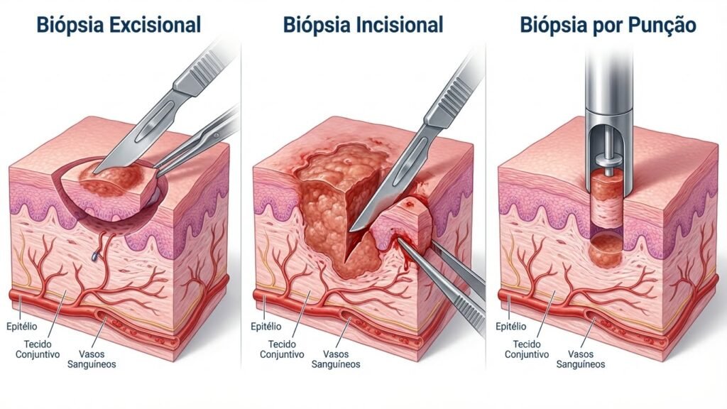 Tipos de Biópsia Bucal: Excisional, Incisional e Por Punção Ilustração médica mostrando três tipos de biópsia bucal: excisional, incisional e por punção