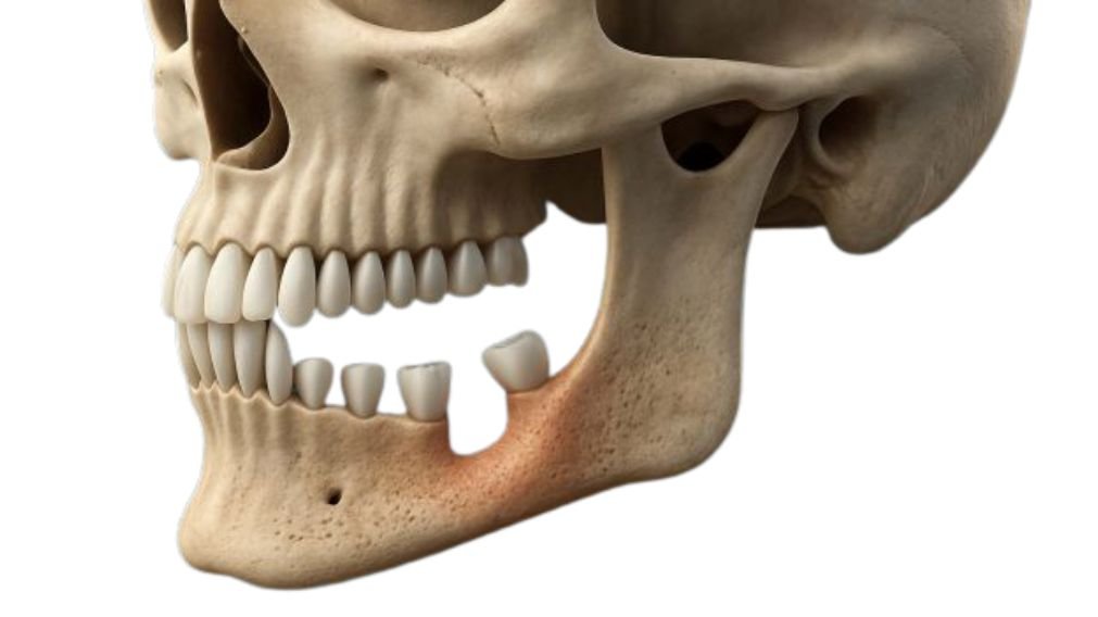 Ilustração anatômica mostrando atrofia óssea progressiva após perda dentária - reabsorção do osso alveolar
