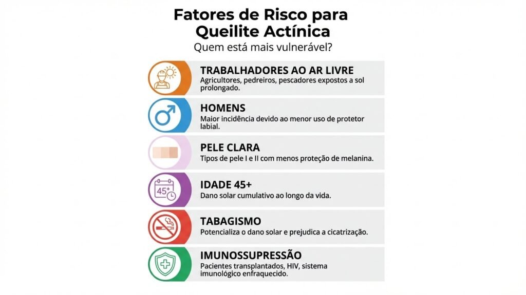 Infográfico mostrando 6 principais fatores de risco para queilite actínica: trabalho ao ar livre, gênero masculino, pele clara, idade acima de 45 anos, tabagismo e imunossupressão