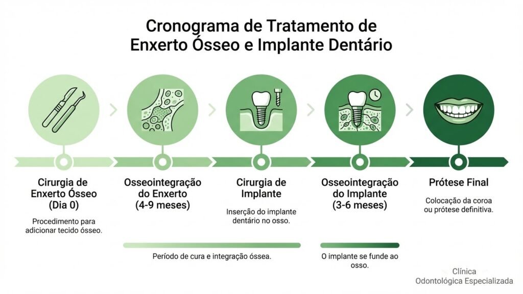 Linha do tempo do tratamento com enxerto ósseo: da cirurgia de enxerto até a colocação da prótese final
