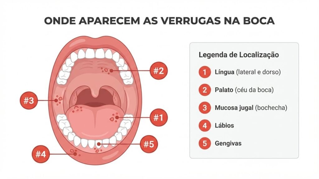 Onde Aparecem as Verrugas na Boca - Localizações do Papiloma Oral Infográfico mostrando as 5 localizações mais comuns do papiloma oral: língua, palato, mucosa jugal, lábios e gengivas