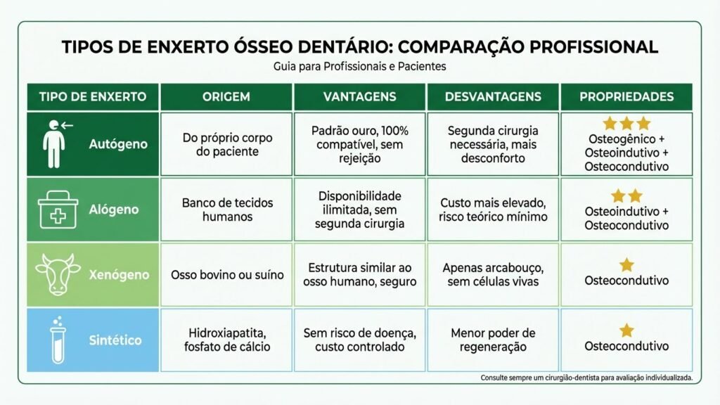 Tabela comparativa dos 4 tipos de enxerto ósseo dentário: autógeno, alógeno, xenógeno e sintético - vantagens e desvantagens