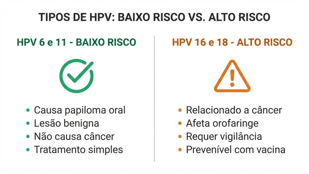 Tipos de HPV: Baixo Risco vs. Alto Risco - Papiloma e Câncer Infográfico comparando HPV de baixo risco (tipos 6 e 11 que causam papiloma oral) e alto risco (tipos 16 e 18 relacionados a câncer)
