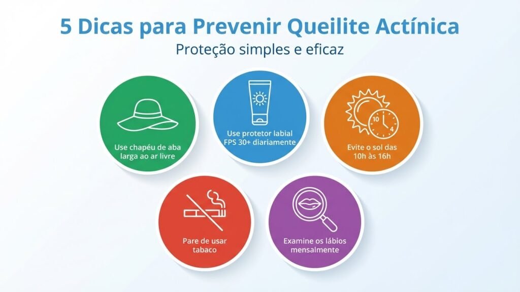 5 dicas essenciais para prevenir queilite actínica: usar protetor labial FPS 30+, chapéu de aba larga, evitar sol entre 10h e 16h, parar de fumar e fazer autoexame mensal