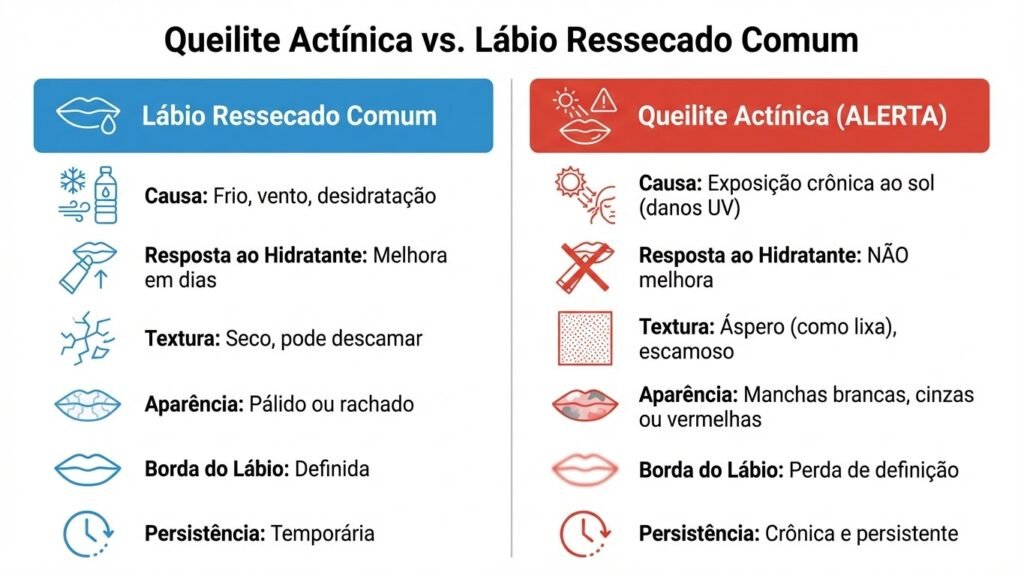 Infográfico comparativo entre lábio ressecado comum e queilite actínica, mostrando diferenças em causas, sintomas e tratamento
