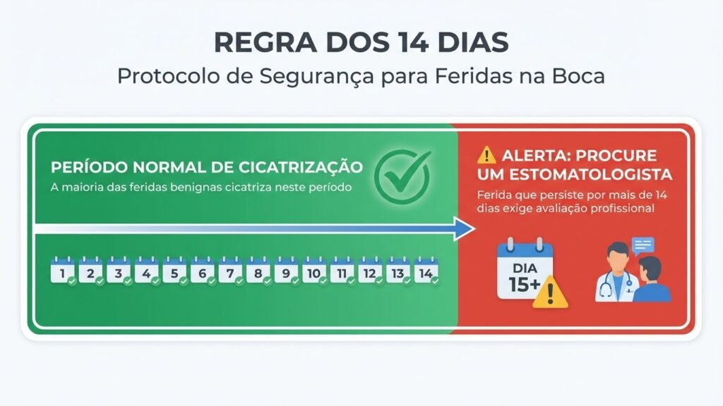Regra dos 14 Dias - Protocolo de Segurança para Feridas Bucais Infográfico da Regra dos 14 Dias: protocolo de segurança que indica quando procurar estomatologista para ferida na boca que não cicatriza