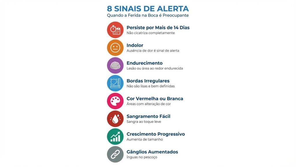 Sinais de Alerta - Quando a Ferida na Boca é Grave 8 sinais de alerta de ferida na boca suspeita: persistência por mais de 14 dias, ausência de dor, endurecimento, bordas irregulares e outros sintomas preocupantes