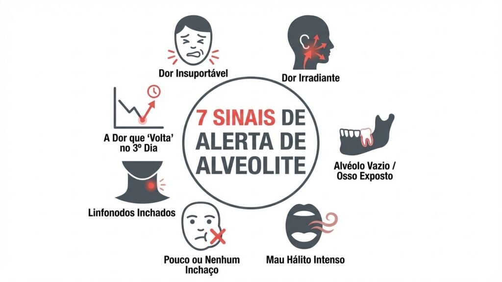 Infográfico com 7 ícones representando os sinais de alerta da alveolite: dor intensa, dor irradiada, alvéolo vazio, mau hálito, ausência de inchaço, linfonodos sensíveis e dor que retorna.