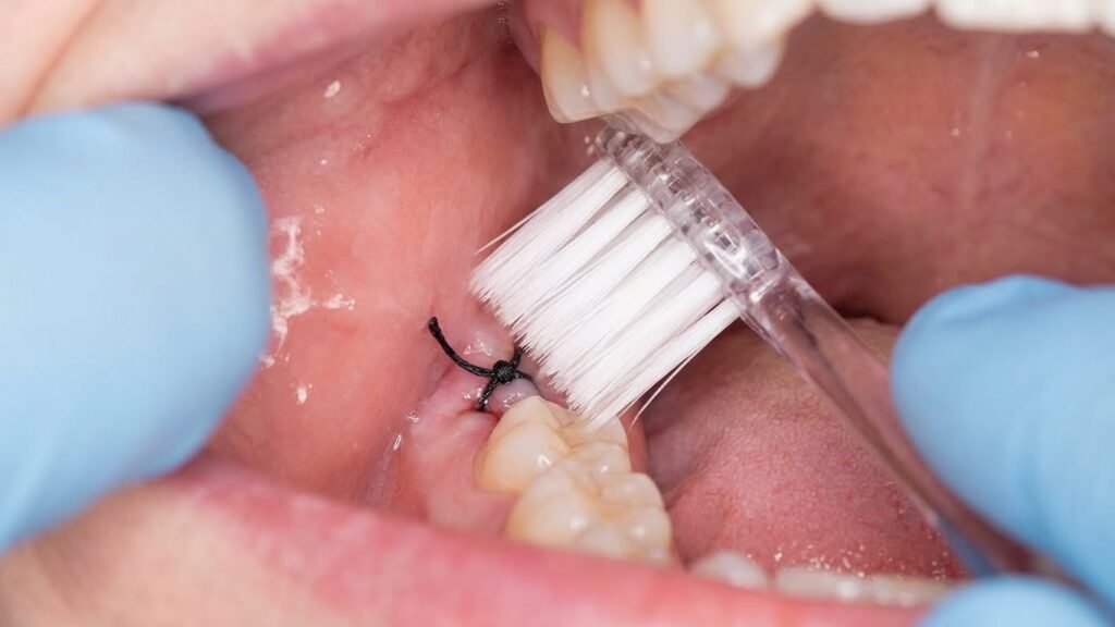 Close-up de uma escova de dentes com cerdas ultramacias limpando suavemente a área próxima aos pontos de uma extração de siso.