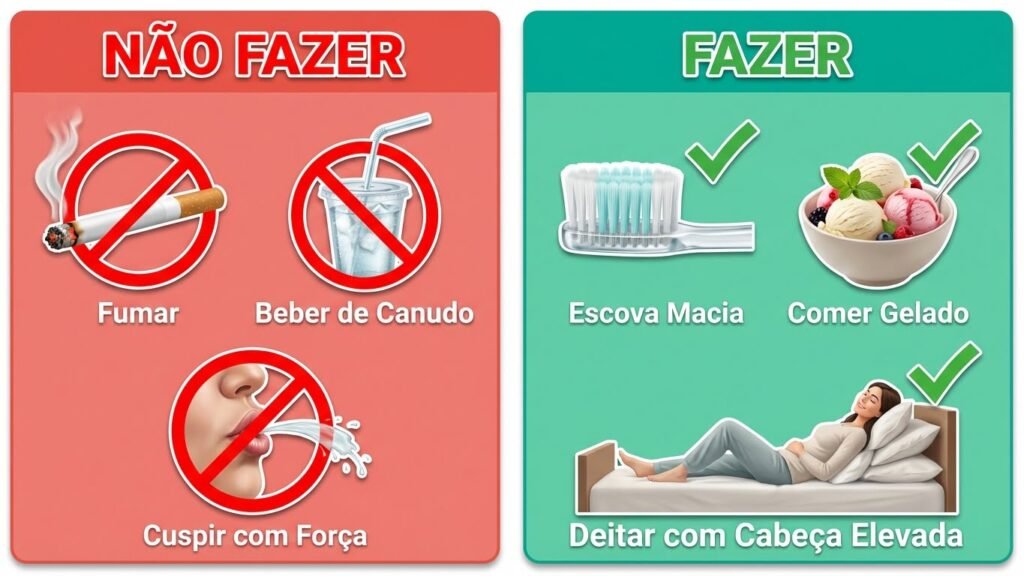 Infográfico de prevenção da alveolite, dividido em "NÃO FAZER" (fumar, usar canudos, bochechos fortes) e "FAZER" (higiene suave, dieta fria, repouso).