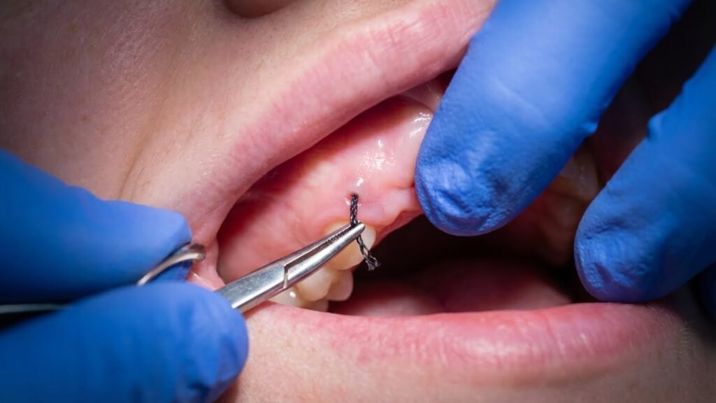 Close-up das mãos de um dentista usando uma pinça para remover suavemente um ponto de sutura da gengiva de um paciente, mostrando um procedimento rápido e indolor.