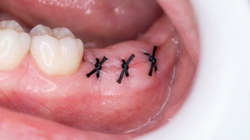 Close-up de uma sutura com pontos pretos na gengiva após a extração de um dente do siso, mostrando um processo de cicatrização limpo e bem cuidado.