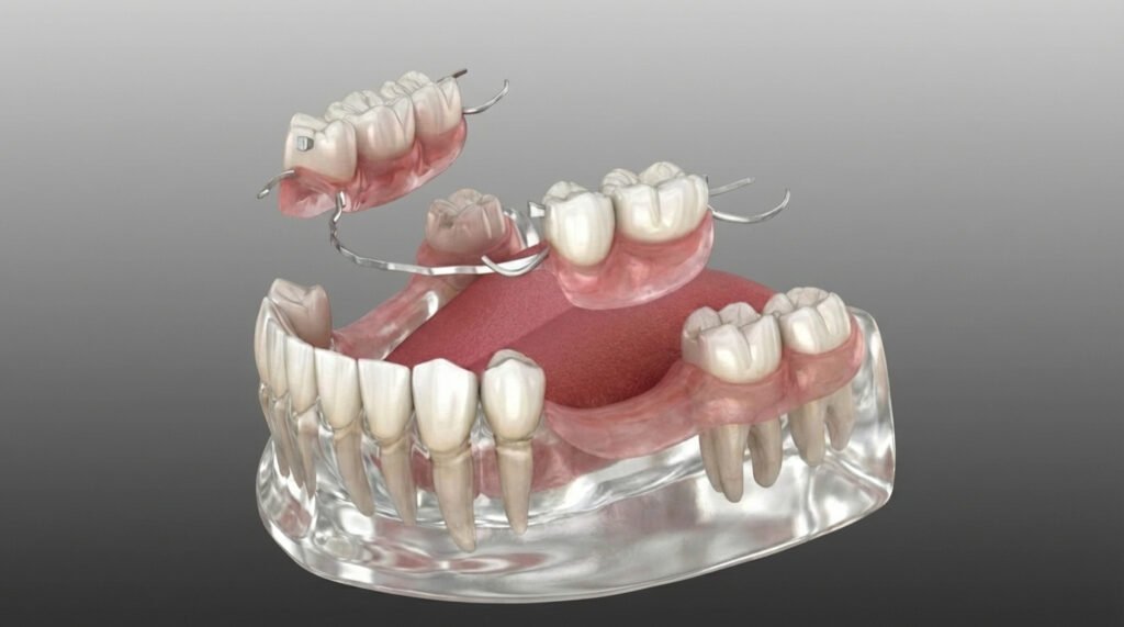 Ilustração 3D de uma prótese parcial removível, conhecida como ponte móvel, com sua estrutura metálica e grampos de encaixe.