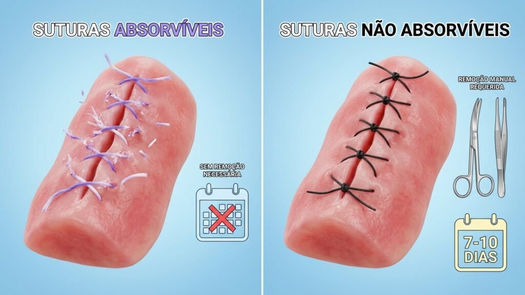 Infográfico 3D comparando pontos de sutura absorvíveis, que se dissolvem sozinhos, e pontos não absorvíveis, que precisam ser removidos pelo dentista.