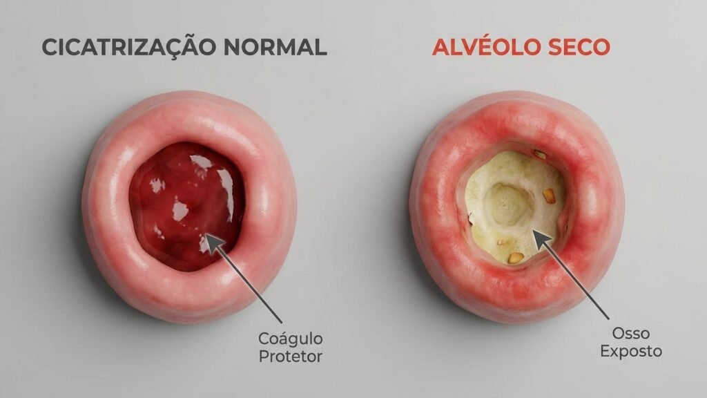 Infográfico 3D comparando a cicatrização normal, com um coágulo sanguíneo protegendo o alvéolo, versus a alveolite seca, com o alvéolo vazio e o osso exposto.