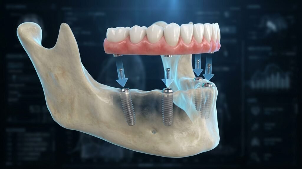 Ilustração 3D de uma prótese protocolo completa sendo parafusada sobre quatro implantes dentários em uma mandíbula.