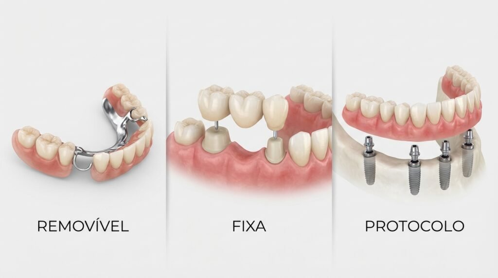 Montagem mostrando os três tipos de prótese dentária: uma prótese parcial removível, uma ponte fixa sobre dentes e uma prótese protocolo sobre implantes.