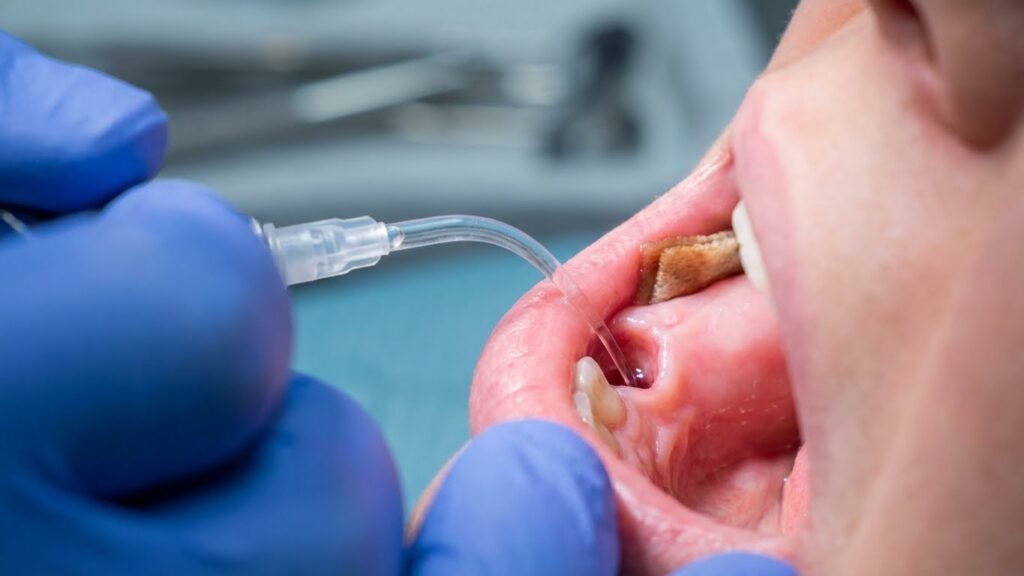 Close-up das mãos de um dentista irrigando cuidadosamente dentro do alvéolo de um paciente para tratar a alveolite.