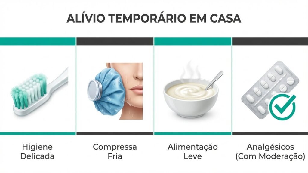 Infográfico com 4 dicas para aliviar a dor do siso nascendo: higiene suave, compressa de gelo, alimentação macia e uso correto de analgésicos.