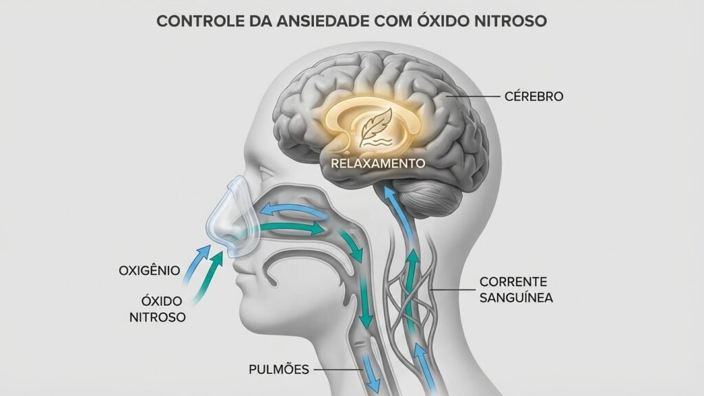 Infográfico 3D mostrando o processo da sedação consciente: inalação de óxido nitroso e oxigênio pela máscara nasal, e o efeito de relaxamento no cérebro do paciente.