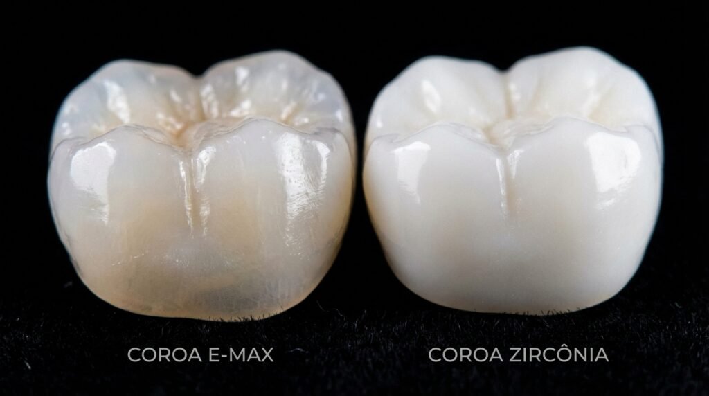 Comparativo macro entre uma coroa de Porcelana E-max (translúcida) e uma coroa de Zircônia (opaca e resistente).