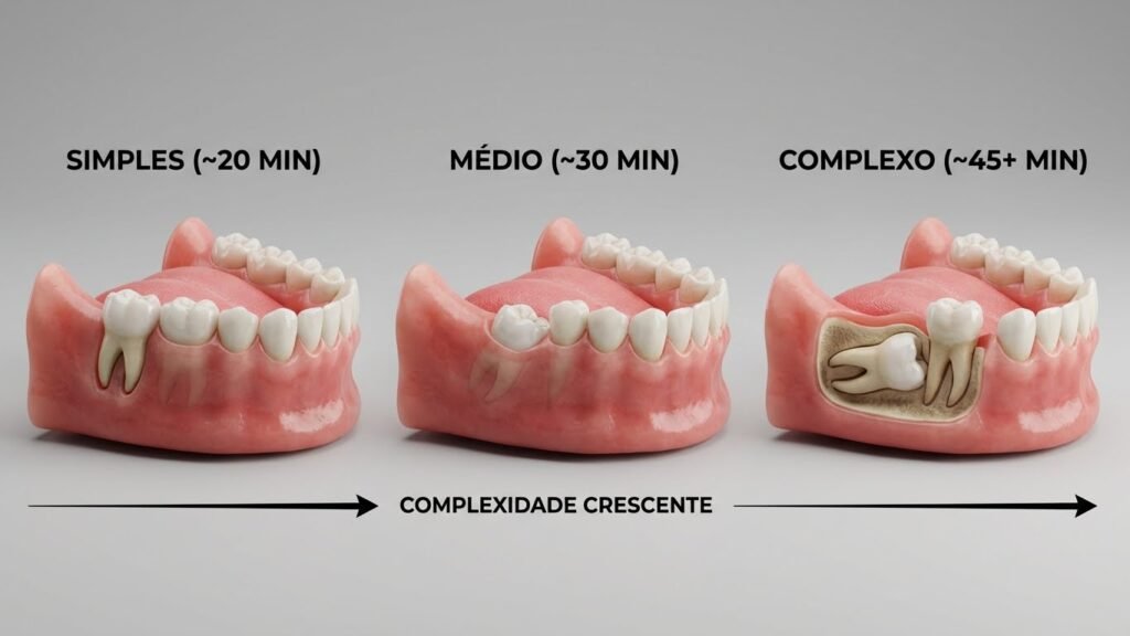 Infográfico 3D mostrando 3 posições do dente siso que influenciam o tempo da cirurgia: Erupcionado (simples), Semi-Incluso (médio) e Incluso Horizontal (complexo).