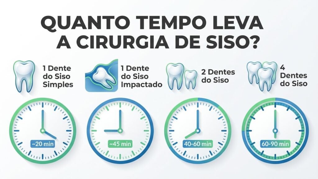 Infográfico mostrando o tempo estimado para a cirurgia de siso: 1 siso simples (20 min), 1 siso incluso (45 min), 2 sisos (40-60 min) e 4 sisos (60-90 min).
