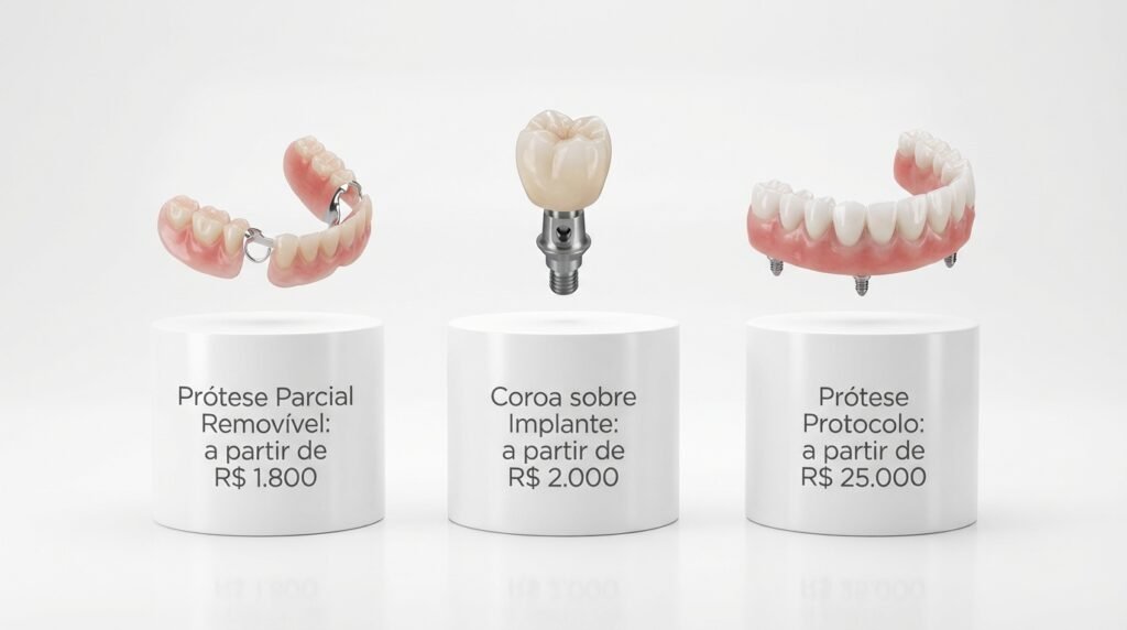 Tabela de preços 3D mostrando os valores de prótese parcial removível, coroa sobre implante e prótese protocolo em 2026.