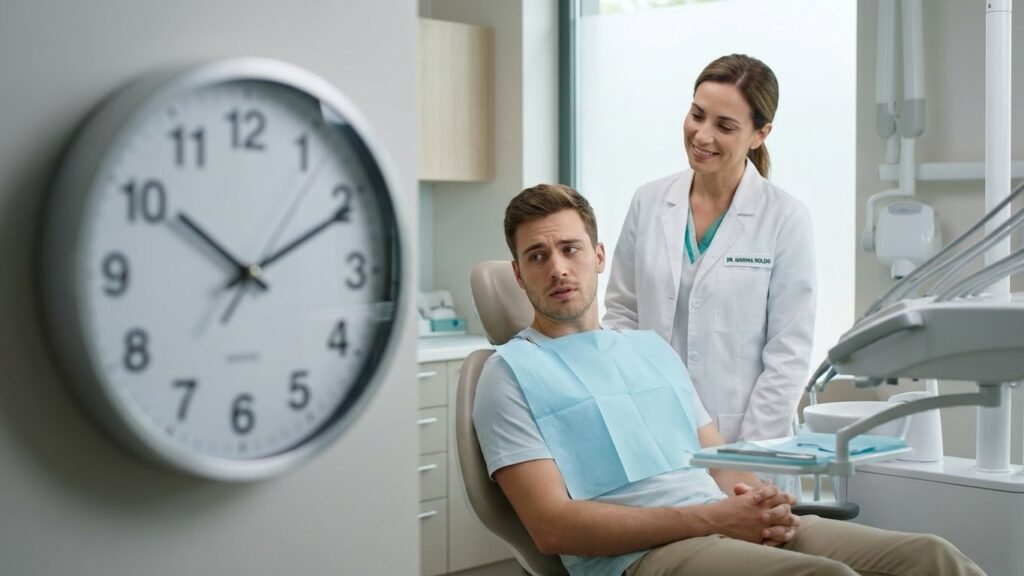 Paciente olhando para um relógio com expressão de ansiedade antes da cirurgia de siso, enquanto uma dentista especialista ao fundo sorri de forma tranquilizadora.