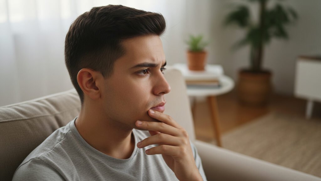 Jovem adulto sentindo desconforto na mandíbula devido ao dente do siso nascendo, com expressão de preocupação.