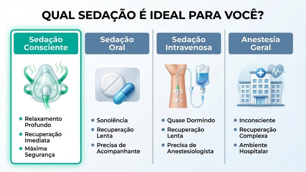 Infográfico comparando 4 tipos de sedação: Sedação Consciente, Oral, Endovenosa e Anestesia Geral, destacando a Sedação Consciente como a mais segura e com recuperação imediata.