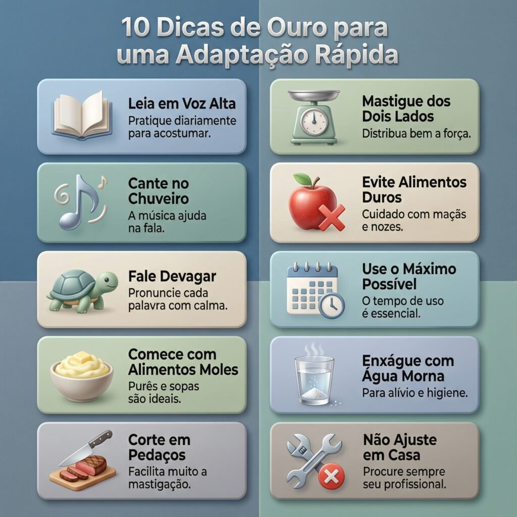 Infográfico com 10 dicas visuais para acelerar a adaptação à prótese dentária, incluindo dicas de fala e mastigação.