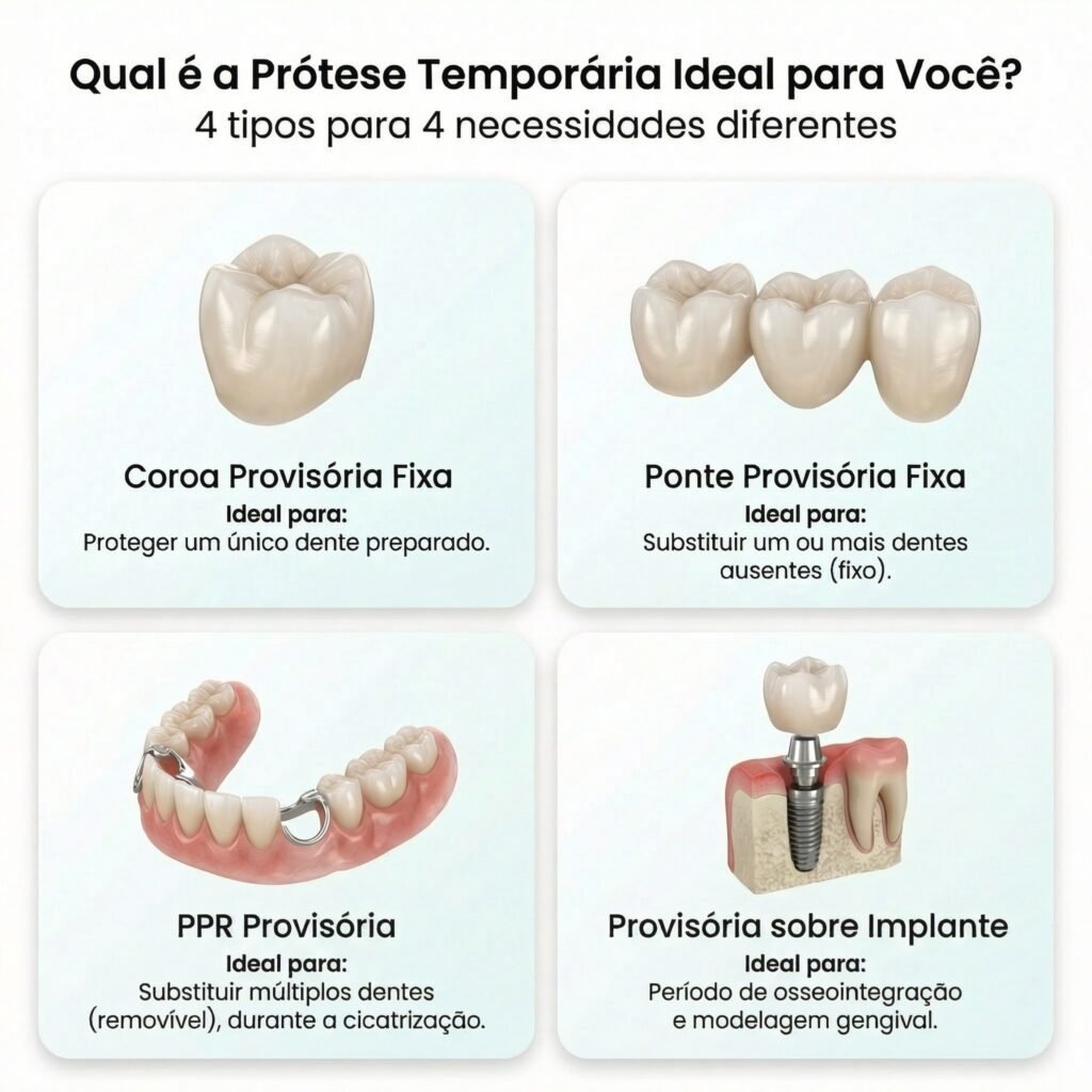 Comparativo visual dos 4 tipos de prótese provisória: coroa fixa, ponte fixa, PPR e sobre implante.