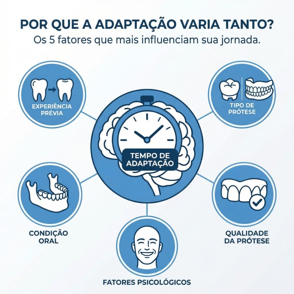 Diagrama mostrando os 5 principais fatores que influenciam o tempo de adaptação à prótese dentária.