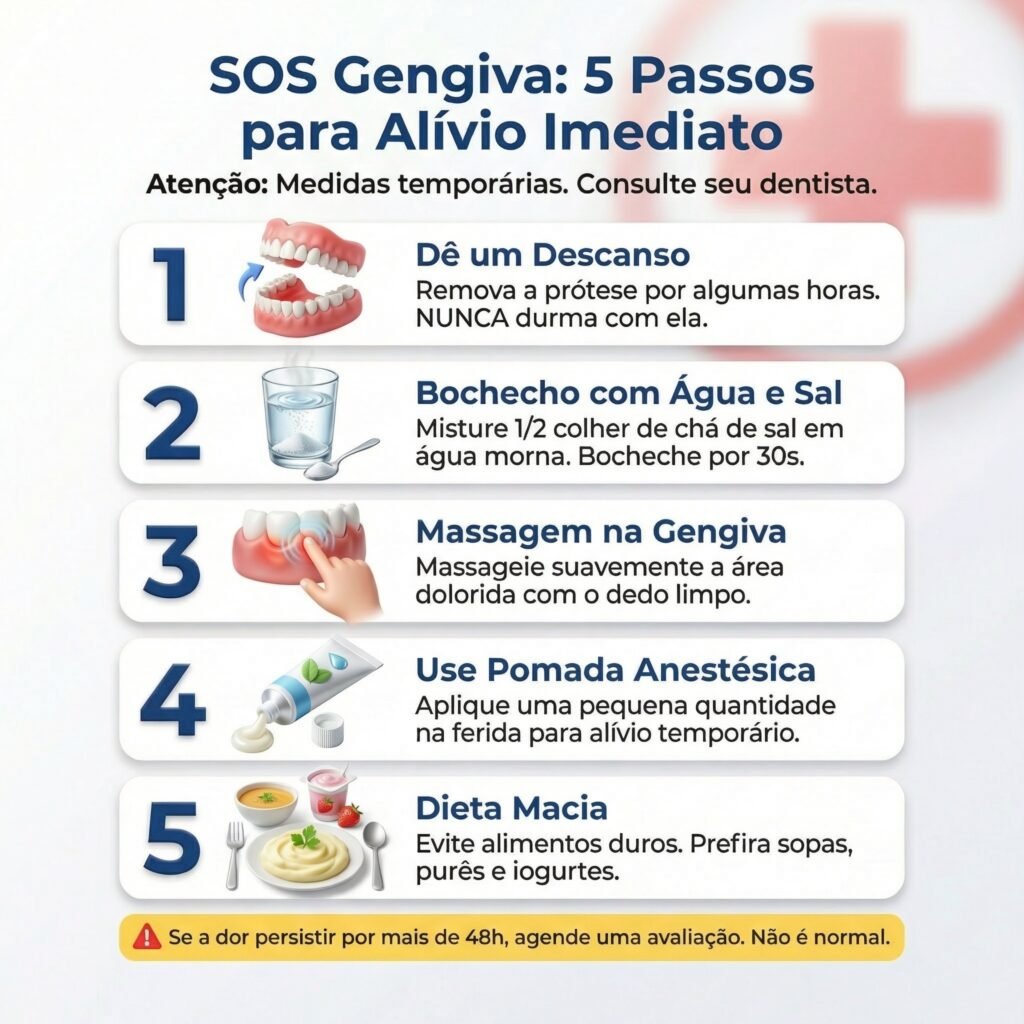 Guia de primeiros socorros com 5 soluções imediatas para aliviar a dor de uma prótese que está machucando a gengiva.