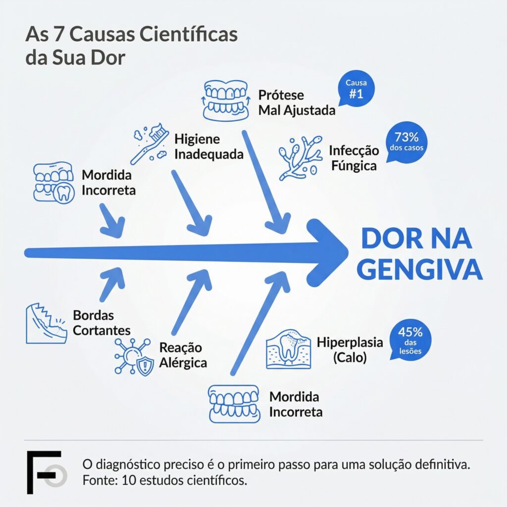 Diagrama mostrando as 7 causas científicas para uma prótese que machuca a gengiva, incluindo má adaptação, infecção e higiene inadequada.