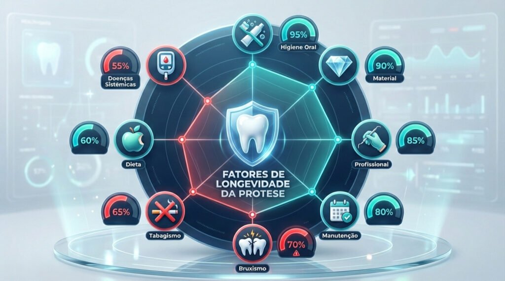 Gráfico de radar mostrando os 8 principais fatores que influenciam a durabilidade de uma prótese dentária, como higiene, material e manutenção.