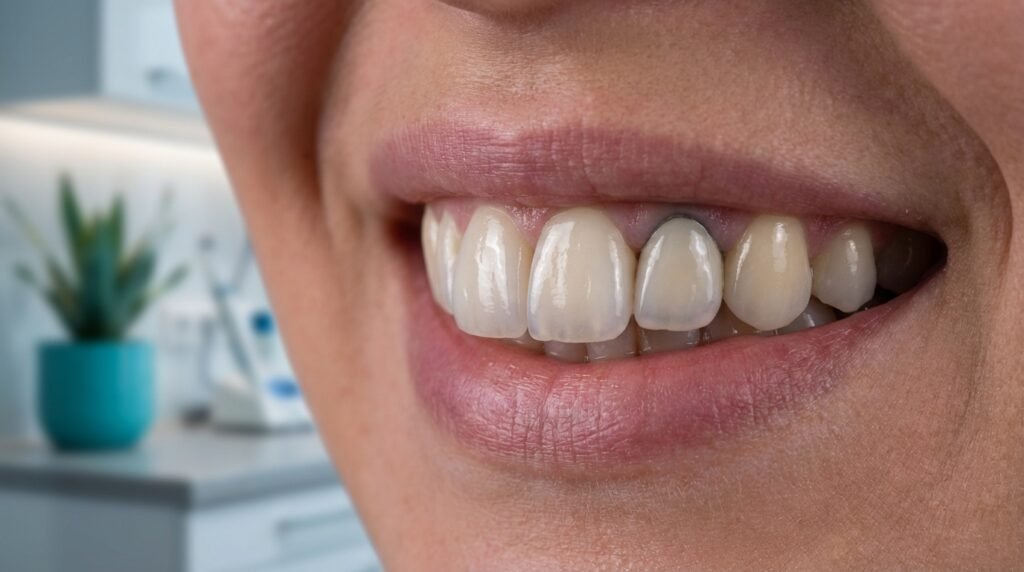Mulher sorrindo com dentes perfeitos, mostrando a comparação entre uma coroa de zircônia translúcida e uma de porcelana com base metálica.