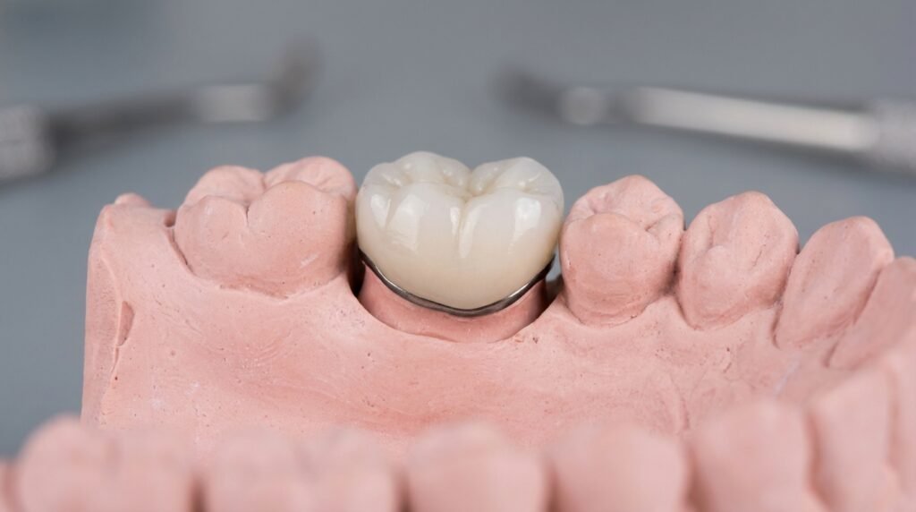 Macro de uma coroa metalocerâmica (PFM) em um modelo de gesso, mostrando claramente a linha escura do metal na junção com a gengiva.