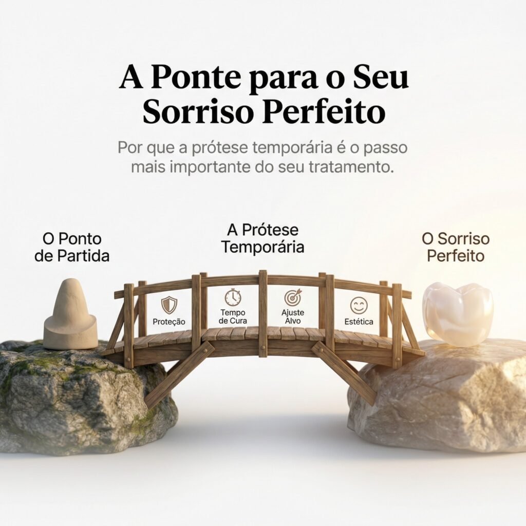 Infográfico mostrando uma ponte (a prótese provisória) conectando um dente preparado (o problema) a uma coroa perfeita (a solução).