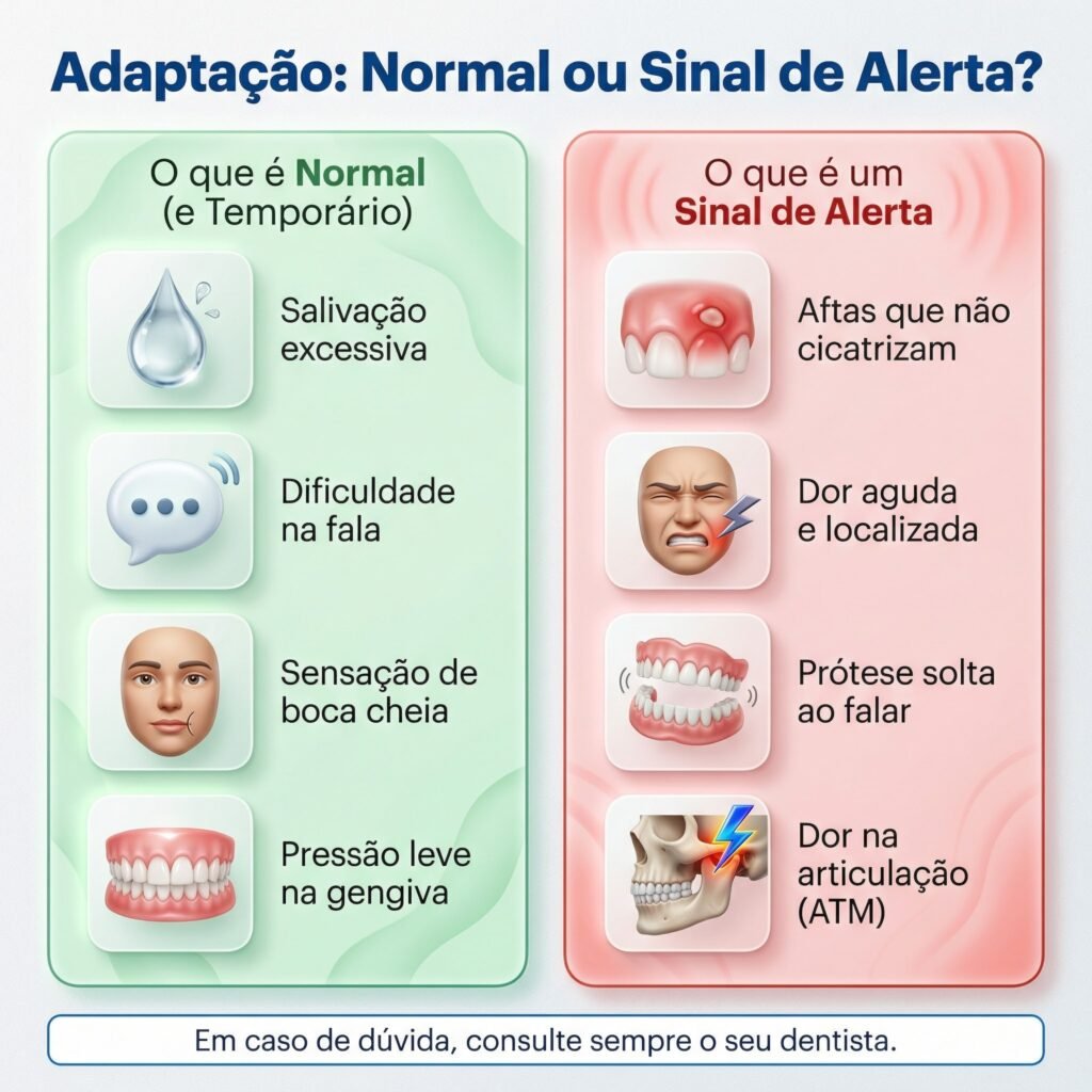 Infográfico comparando sintomas normais da adaptação à prótese com sinais de alerta que exigem atenção do dentista.